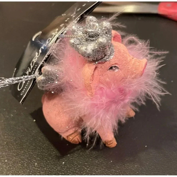 Pink Glitter Pig Princess Queen Christmas Ornament‎ Boa Silver Crown Wings NEW - Picture 4 of 5